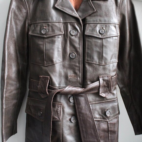 Jim and Marylou Vintage Brown Button Collar Waist Belt Tie Leather Jacket Small - Picture 4 of 5